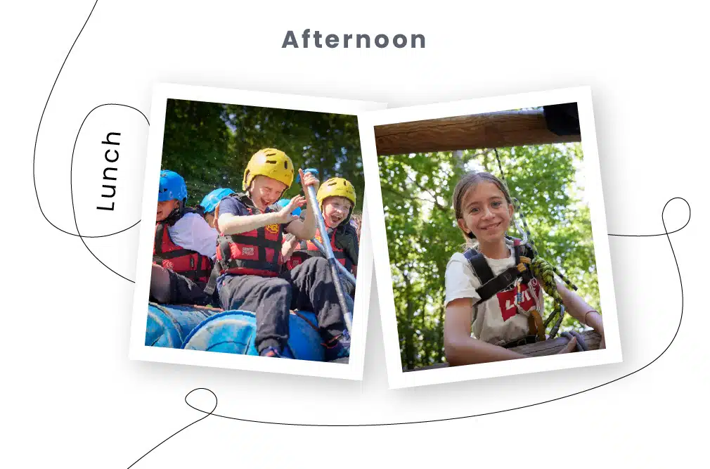 Two photos from PGL Adventure Holidays titled 'Lunch' and 'Afternoon' show children engaging in outdoor activities: the left image depicts kids white-water rafting, the right is a girl smiling on a ropes course.