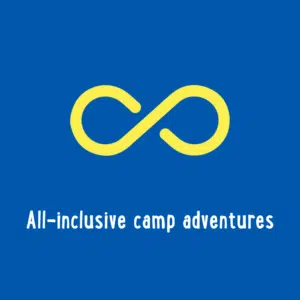 Yellow infinity symbol on a blue background with the text "All-inclusive camp adventures" below it.