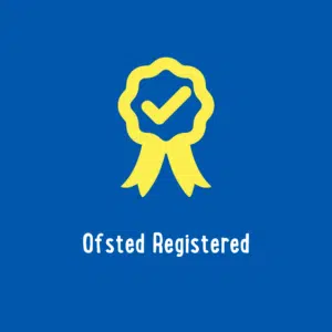 A blue background with a yellow rosette icon featuring a checkmark. Below the rosette, the text reads "Ofsted Registered.