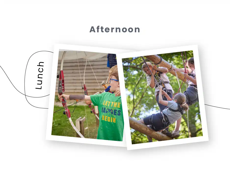 Two photos in a presentation: one shows a child with a slingshot, and another features kids enjoying PGL Adventure Holidays on a rope course.