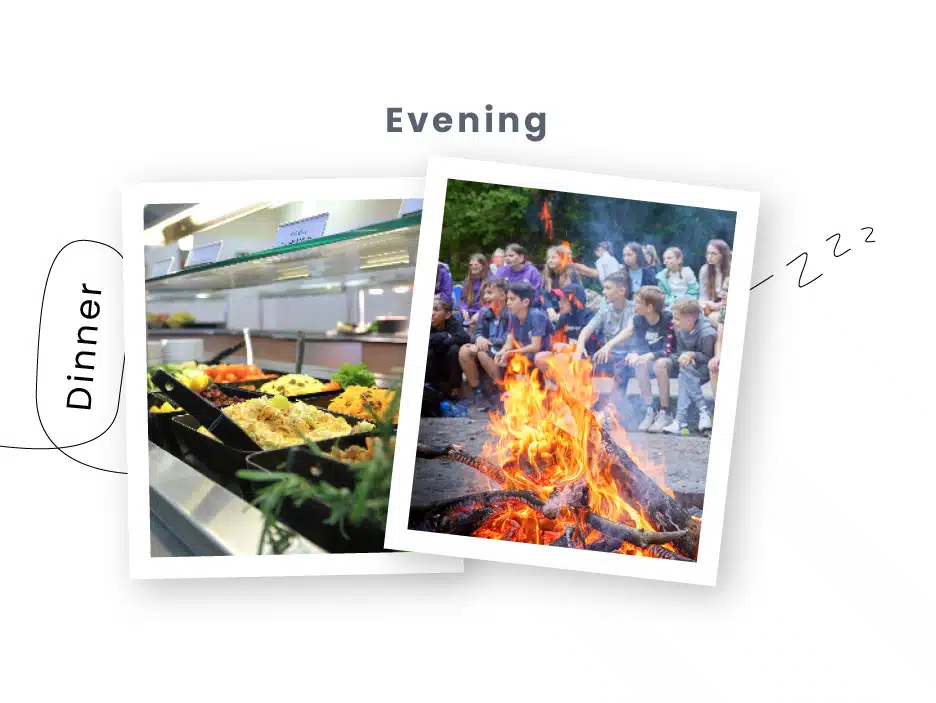 Two images: on the left, a dinner buffet with various dishes during a PGL Adventure Holiday; on the right, a group of people seated around a campfire at night.