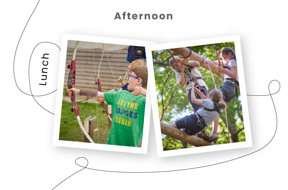 Two images connected by a line labeled "Lunch" and "Afternoon"; the left shows a boy doing archery at PGL Adventure Holidays, the right captures children climbing a rope course.