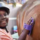 child grooming a horse