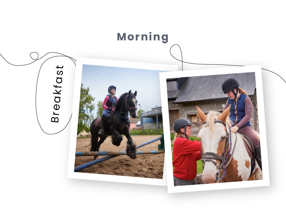 Two photos titled "Morning": Left, a person horseback riding over a blue jumping bar at PGL Adventure Holidays. Right, another on horseback touching a horse's head, with a wooden building in the background.