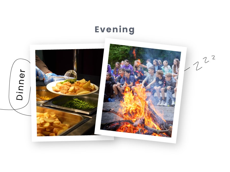 A collage showcasing a PGL Adventure Holidays dinner scene with served food and a group of people sitting around a campfire in the evening.