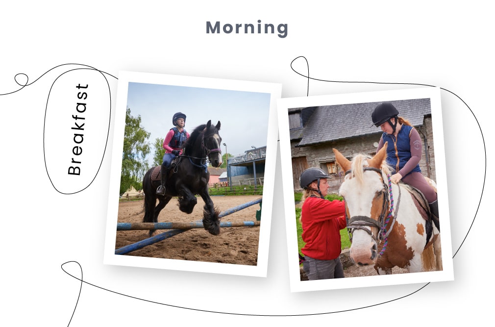 Two photographs titled "Morning" featuring horseback riding at PGL Adventure Holidays; one shows a rider jumping a horse over a rail, and another depicts a rider on a horse receiving assistance from another person.