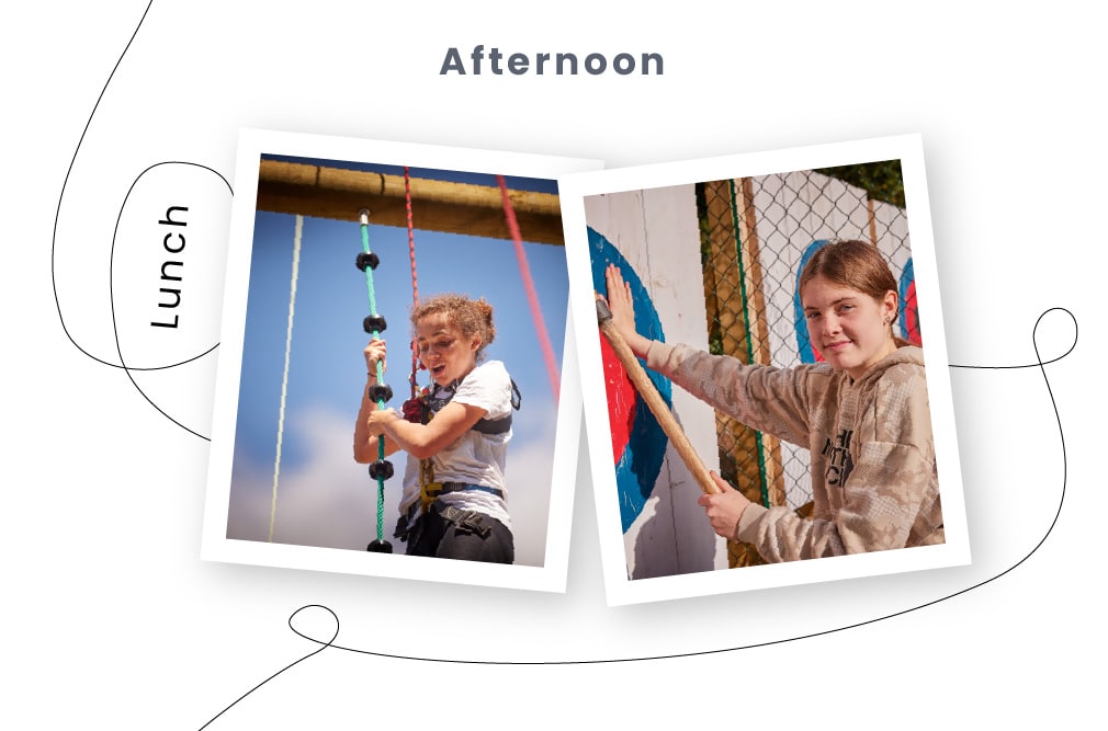 Two photos from PGL Adventure Holidays titled 'Lunch' and 'Afternoon': the left shows a child climbing a rope, the right shows a teenager with a bow and arrow.