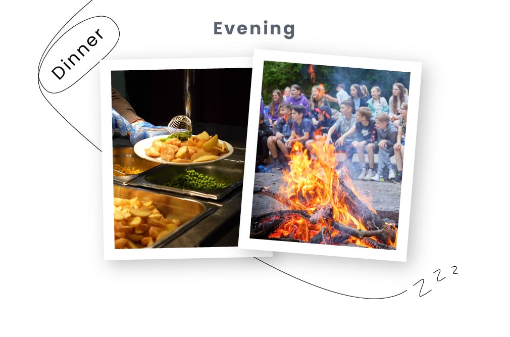 Two photographs labeled "Dinner" and "Evening" depicting a person serving food in a PGL Adventure Holidays cafeteria and a group of people sitting around a campfire, respectively.