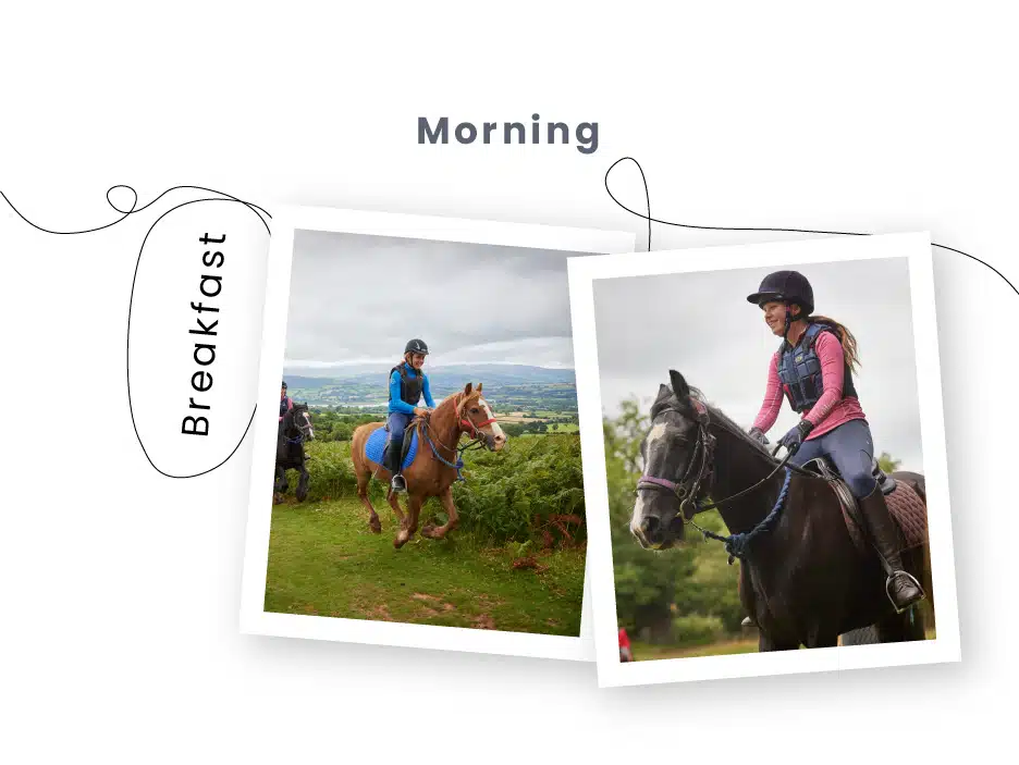 Two Polaroid photos labeled "Morning" from PGL Adventure Holidays feature people horseback riding; one shows a woman and child on a horse, and the other shows a woman riding alone, both in a scenic outdoor setting.