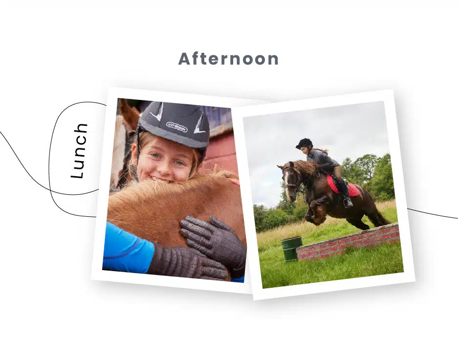 Two photos: the left shows a person smiling and hugging a horse, while the right captures someone riding during an outdoor PGL Adventure Holidays activity, with text indicating the time as 'Afternoon' and 'Lunch' on the side.
