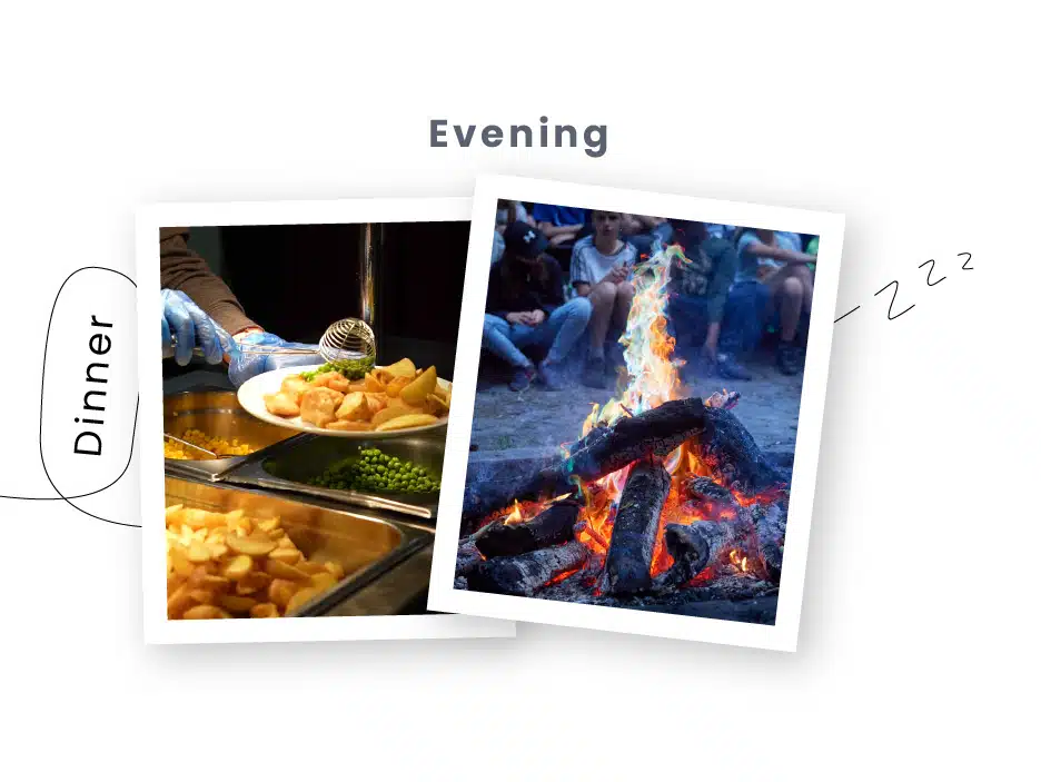Two images labeled 'Evening': one shows a gloved hand serving food from a tray labeled 'Dinner', and the other features a campfire with logs burning, perfect for PGL Adventure Holidays.