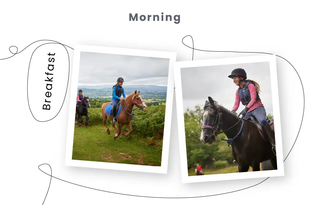 Two images of women horseback riding against scenic landscapes overlaid on a background titled "PGL Adventure Holidays.