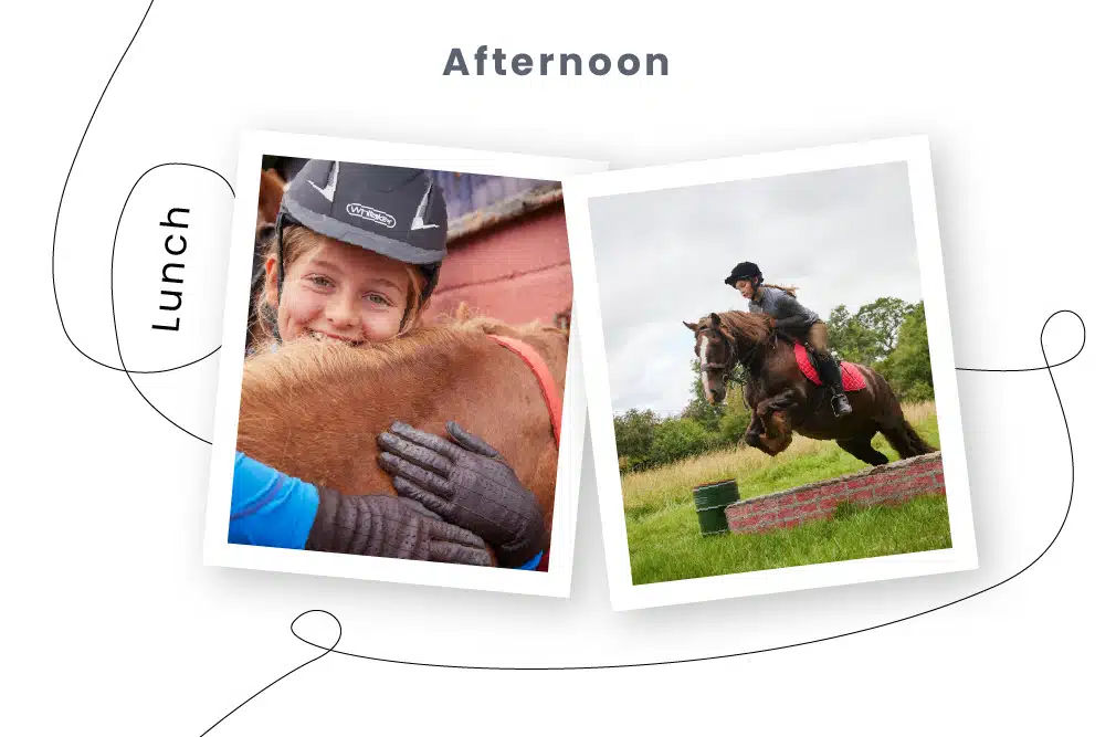 Two photos under headings "Lunch" and "Afternoon." The left shows a person hugging a brown horse, embodying the close bonds formed at PGL Adventure Holidays. The right shows the same person jumping over an obstacle on the brown horse in an outdoor setting, showcasing thrilling activities offered.