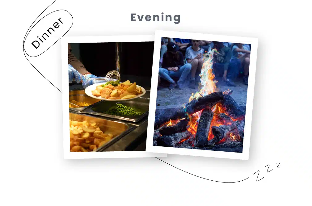 Two photos side by side: on the left, someone serving food onto a plate from a buffet during a PGL Adventure Holiday, and on the right, a campfire burning with people sitting around it in the evening.