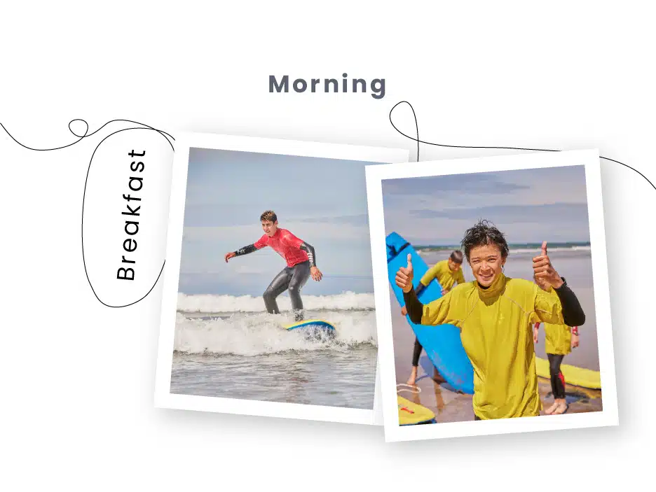An open photo book showing two images: a person surfing on the left and a person with a surfboard giving a thumbs up on the right, with the word "Morning" at the top, part of PGL Adventure Holidays.