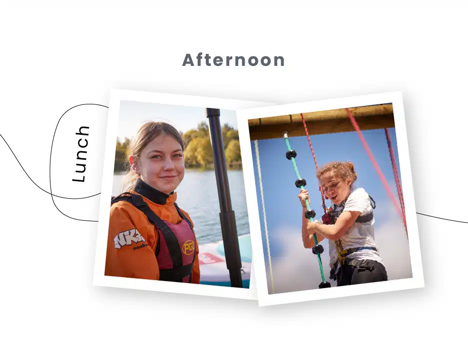 A photo collage with two images; on the left, a young woman in an orange jacket, labeled "Lunch," and on the right, a child climbing a rope at a playground during PGL Adventure Holidays, labeled "Afternoon.