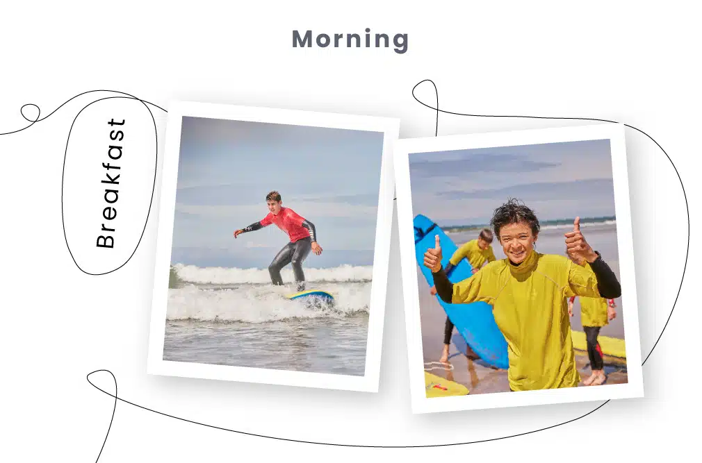 Two photos in a PGL Adventure Holidays collage titled "Morning", one showing a person surfing and another of a person giving a thumbs up on the beach.