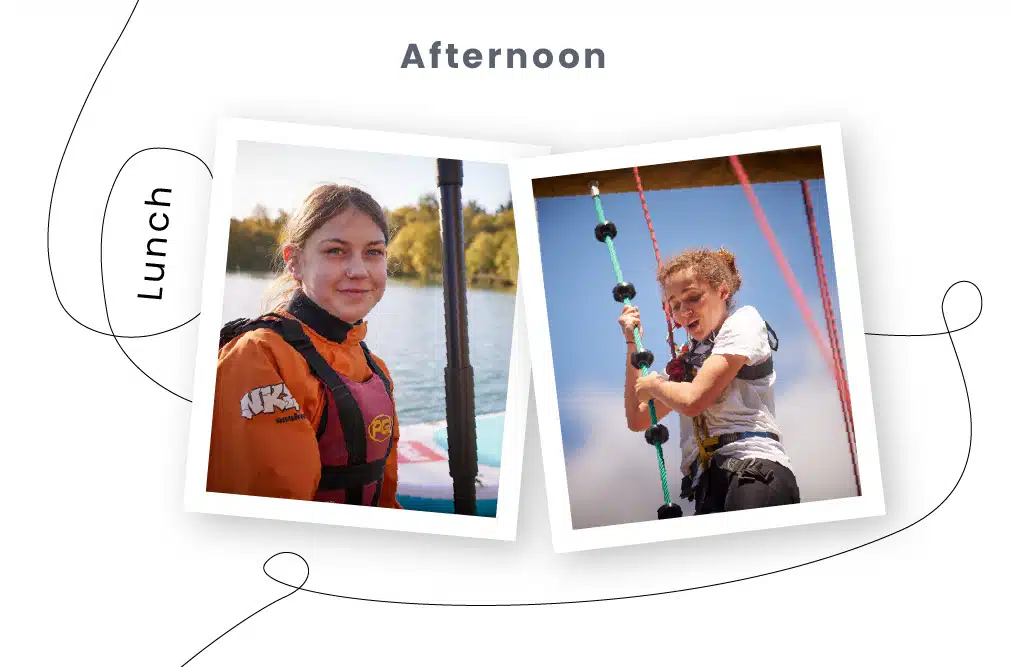 Two photos in a scrapbook; on the left, a woman in an orange jacket by a lake, and on the right, a woman climbing a rope structure at PGL Adventure Holidays. The page is labeled "Afternoon.