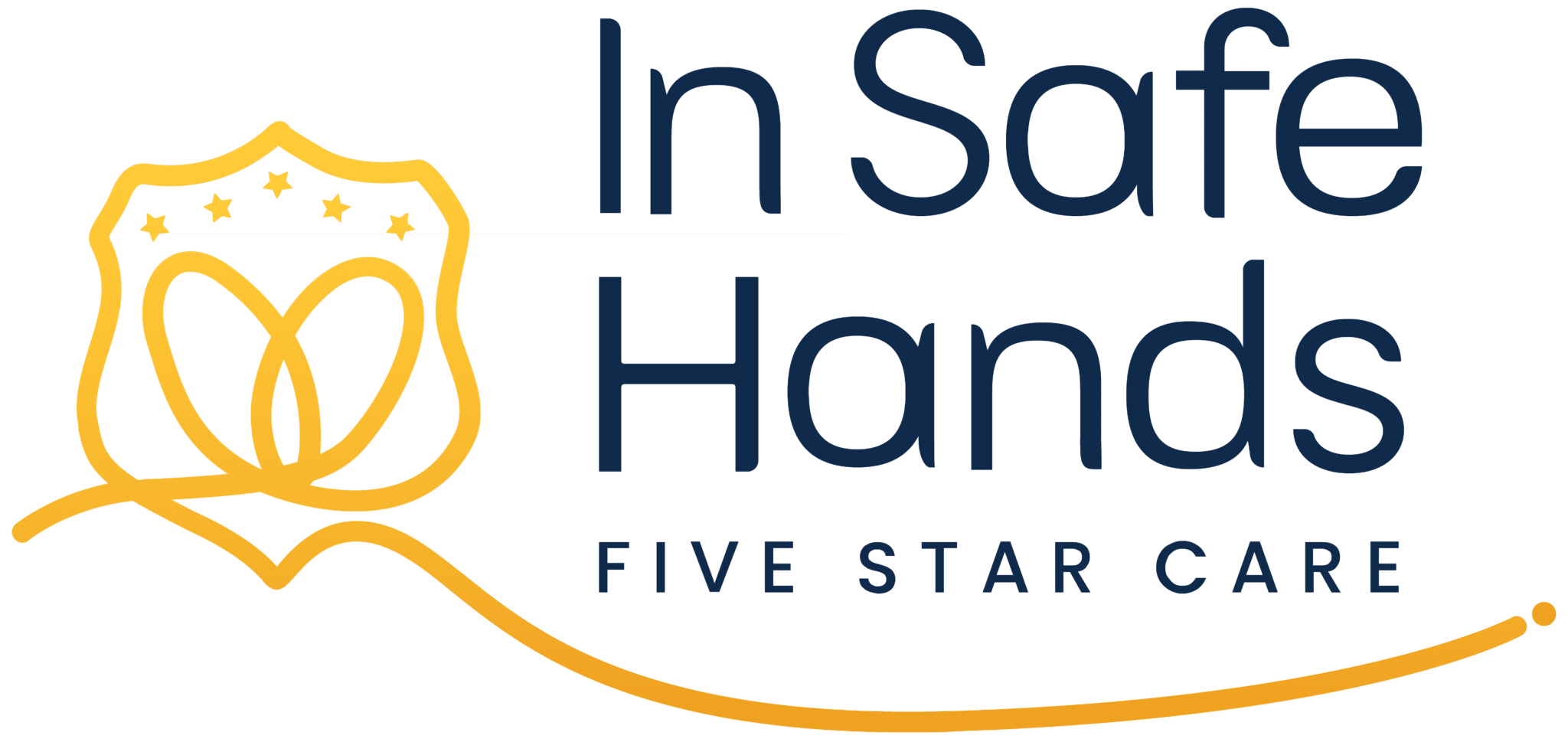 A logo displaying a yellow shield with stars and a heart design next to the text "In Safe Hands" and "Five Star Care" in blue.