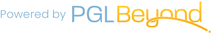 Logo displaying the text "Powered by PGL Beyond" with "PGL" in blue and "Beyond" in yellow with an orange swoosh underneath "Beyond".