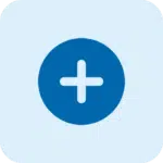 A blue circle with a white plus sign in the center, set against a light blue background with rounded corners.