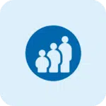 Icon depicting three simplified human figures ascending in height from left to right inside a blue circle.