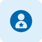 A blue circle icon with a white user silhouette featuring a star on the chest, set against a light blue background with rounded corners.