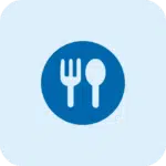 A blue circle with white fork and spoon icons inside, set against a light blue background with rounded corners.