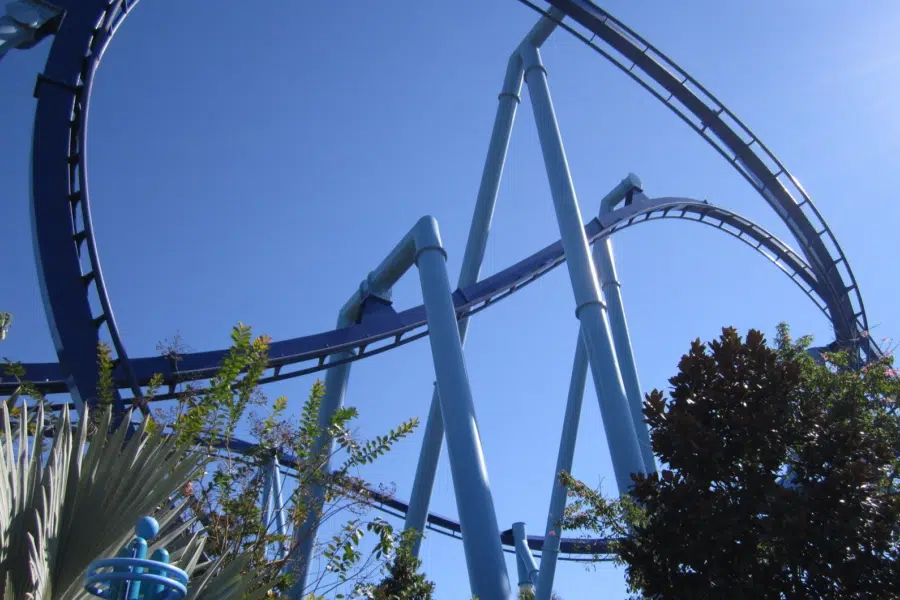 A close-up view of blue steel roller coaster tracks with loops and turns against a clear blue sky, surrounded by some greenery.