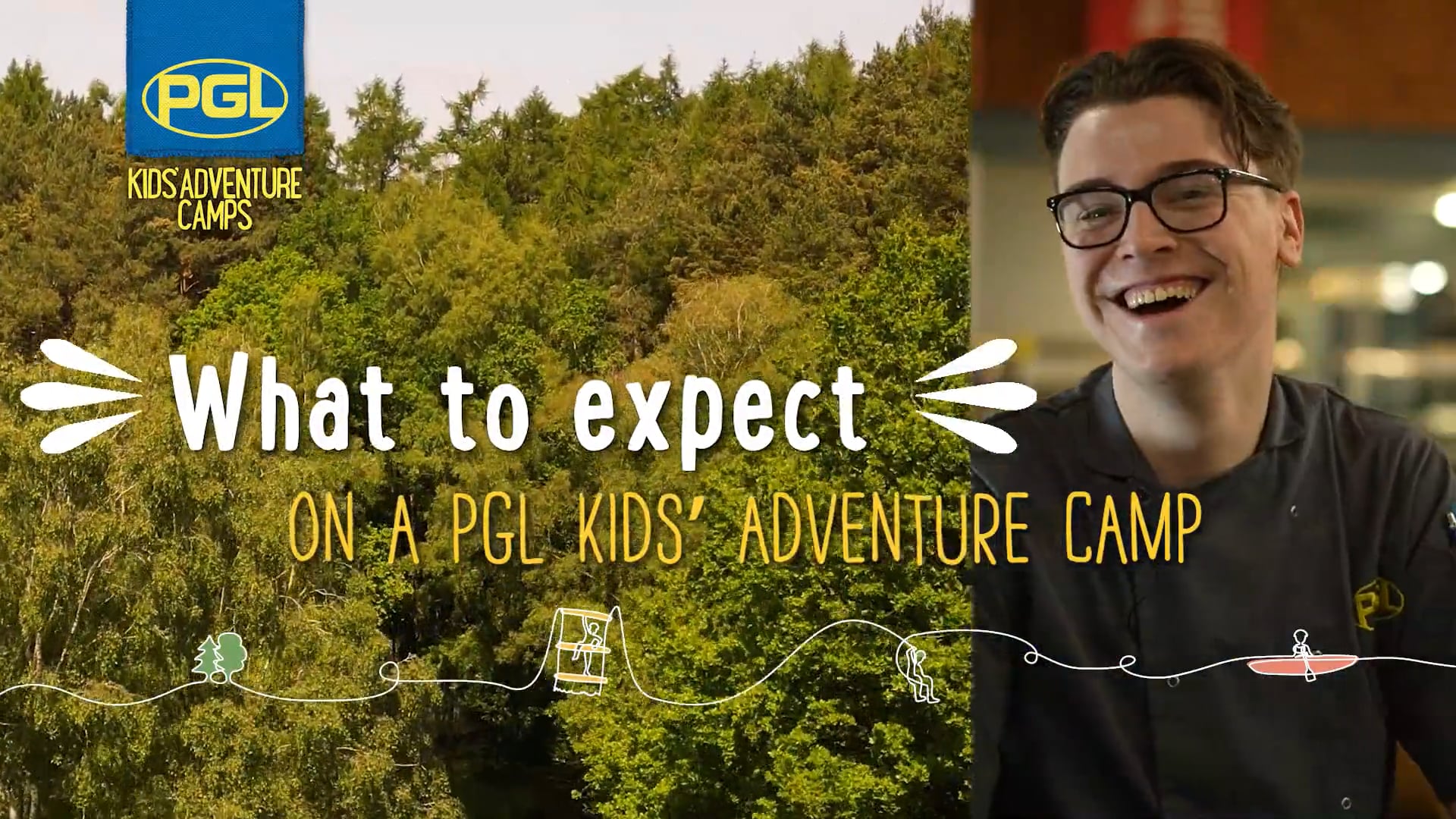 PGL Adventure Holidays Kids' Camp promotional image featuring a smiling person against a forest background with the text "What to expect on a PGL Kids' Adventure Camp.