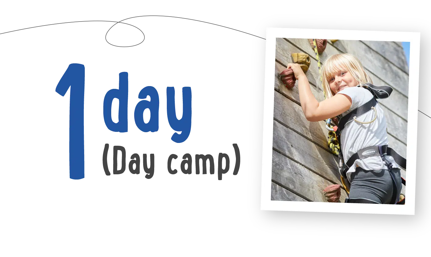 A child wearing a harness climbs a rock wall next to text that reads "1 day (Day camp)" as part of the PGL Adventure Holidays.