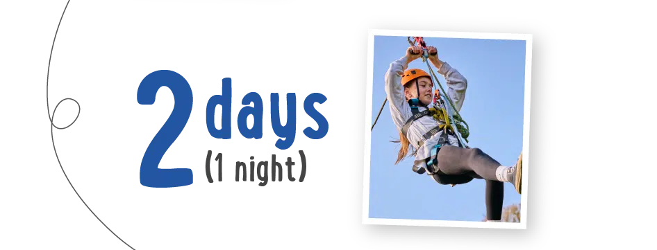 Text reads "2 days (1 night)" next to a photo of a person wearing a helmet, harness, and safety gear while zip-lining on a PGL Adventure Holidays trip.