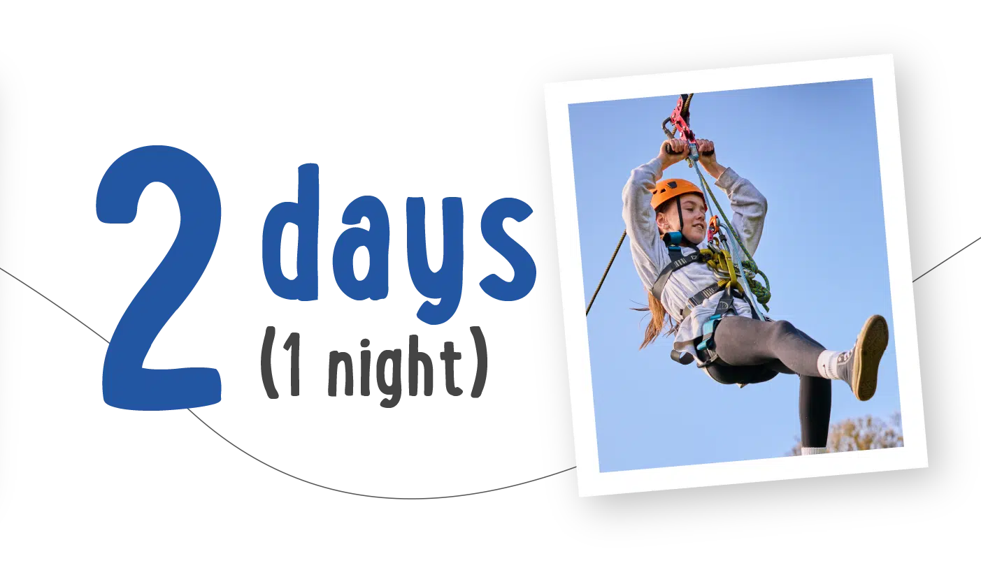 A person in safety gear is zip-lining next to the text "2 days (1 night)" against a blue sky, showcasing the excitement of PGL Adventure Holidays.