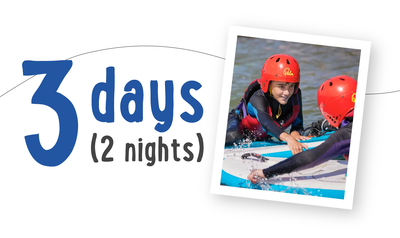 Two young people in red helmets enjoying paddle boarding on the water, with the text "3 days (2 nights)" displayed next to the image—experience the thrill of PGL Adventure Holidays.