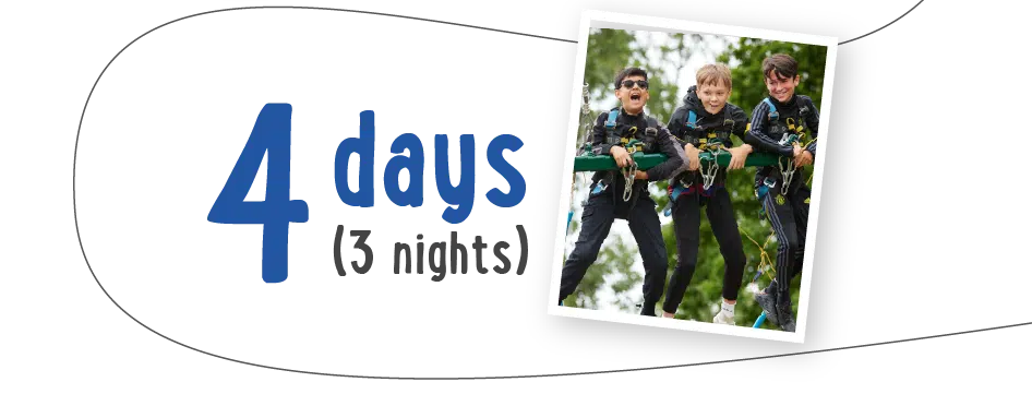 Three people smiling and holding onto ropes while suspended in the air during their PGL Adventure Holidays getaway. Caption reads, "4 days (3 nights).