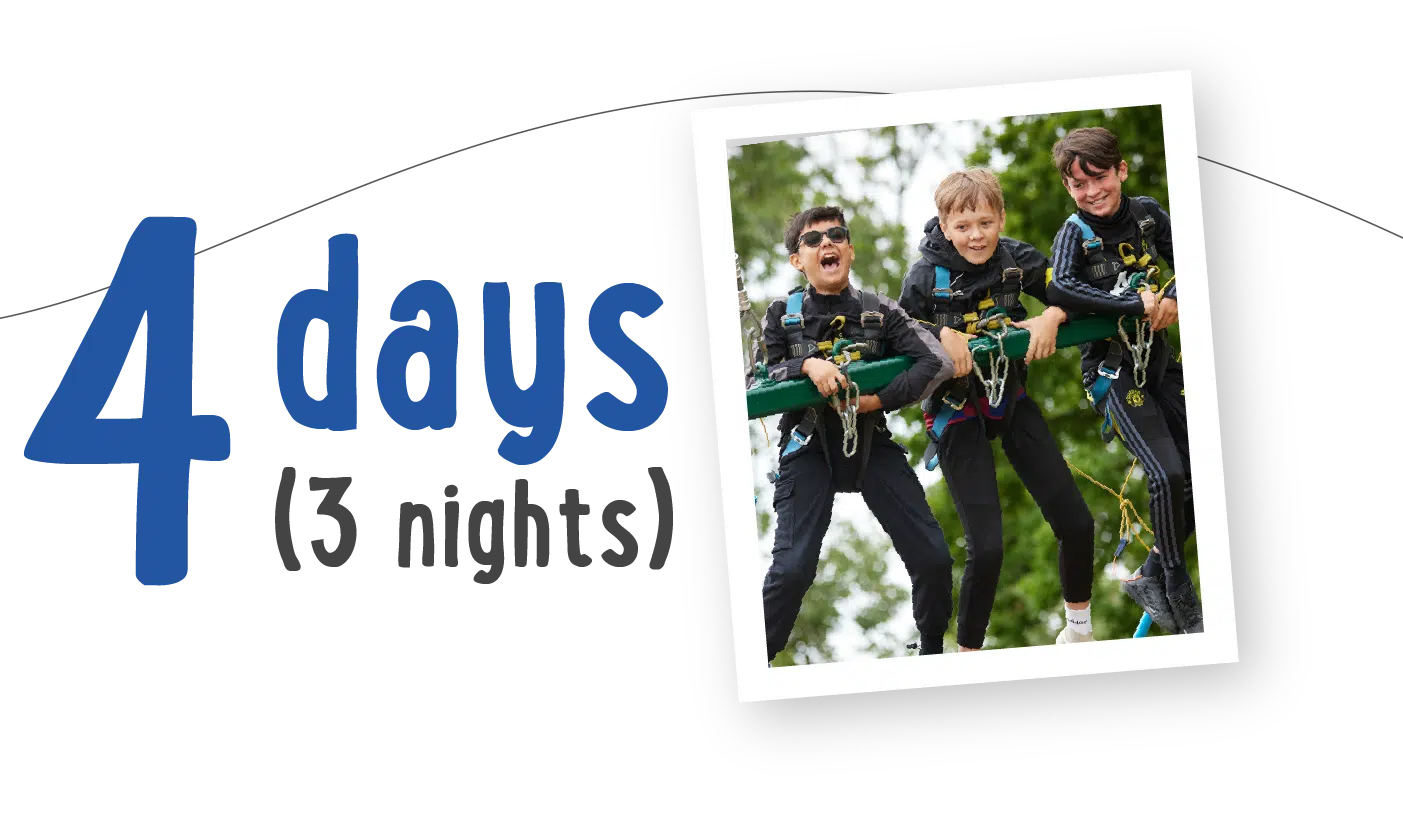 Three children are participating in an outdoor adventure activity at PGL Adventure Holidays. The text beside the image reads "4 days (3 nights).