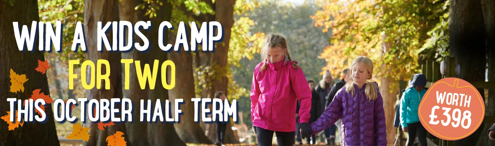 Children walking in a park with trees. Text on the image reads: "Win a PGL Adventure Holidays Kids Camp for Two this October Half Term, Worth £398.