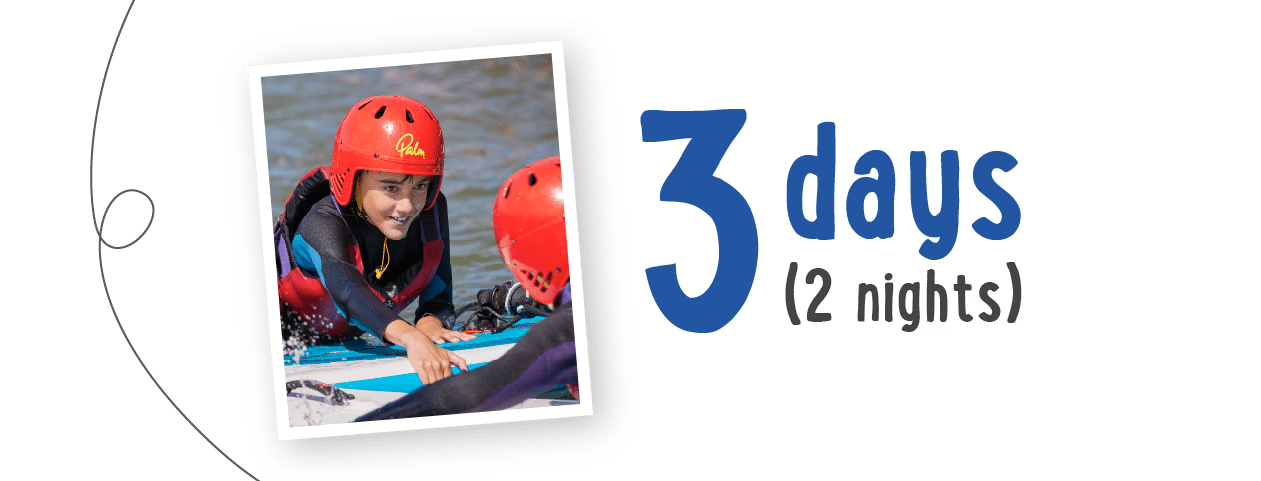 Two people in red helmets and life vests engage in a thrilling water activity, reminiscent of PGL Adventure Holidays. Nearby text reads "3 days (2 nights).