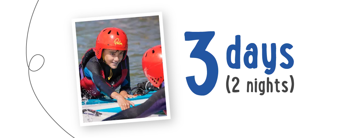 Two people in red helmets and life vests engage in a thrilling water activity, reminiscent of PGL Adventure Holidays. Nearby text reads "3 days (2 nights).