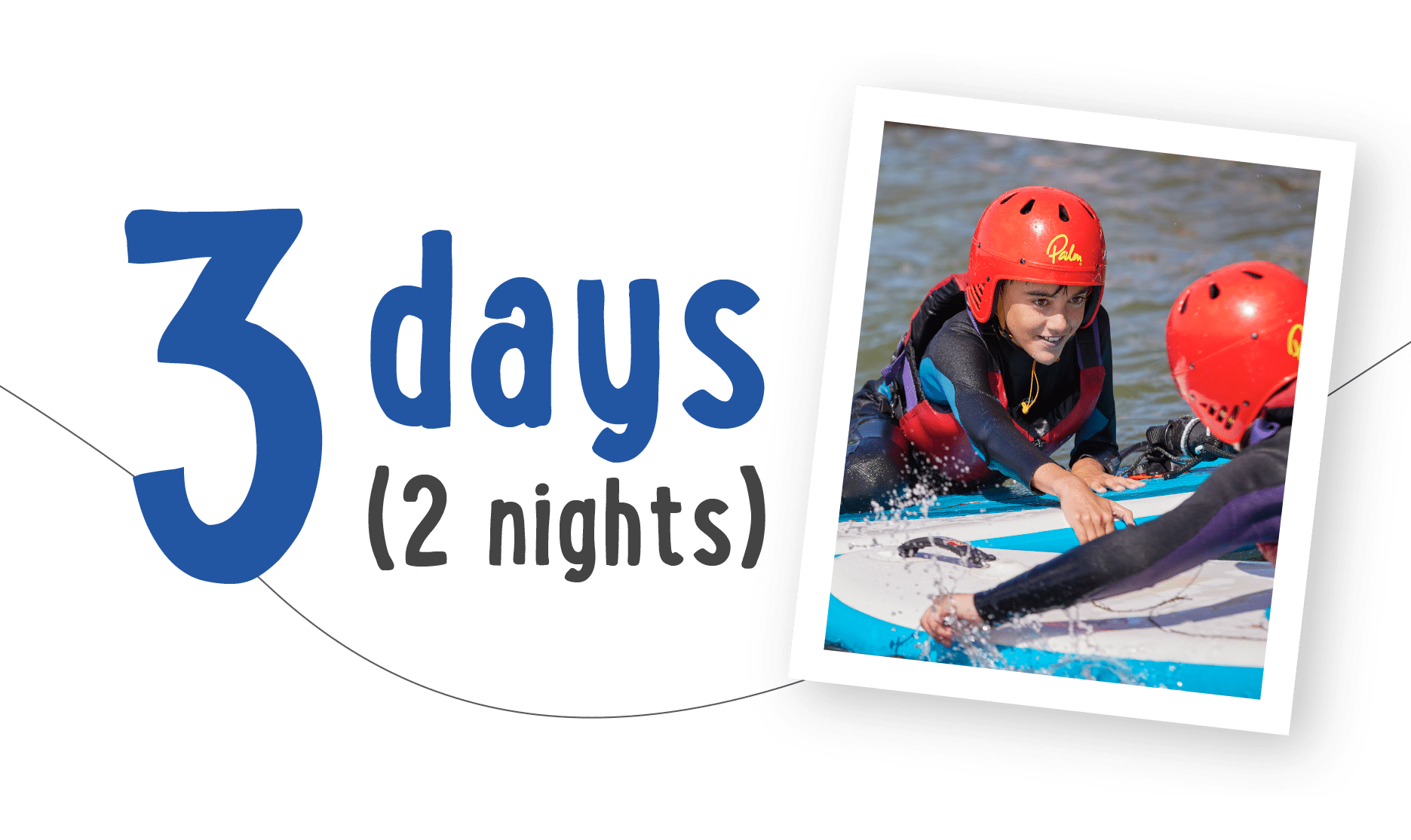 Two people wearing red helmets smile joyfully while playing on a paddleboard in the water, capturing the spirit of PGL Adventure Holidays. The text reads "3 days (2 nights).