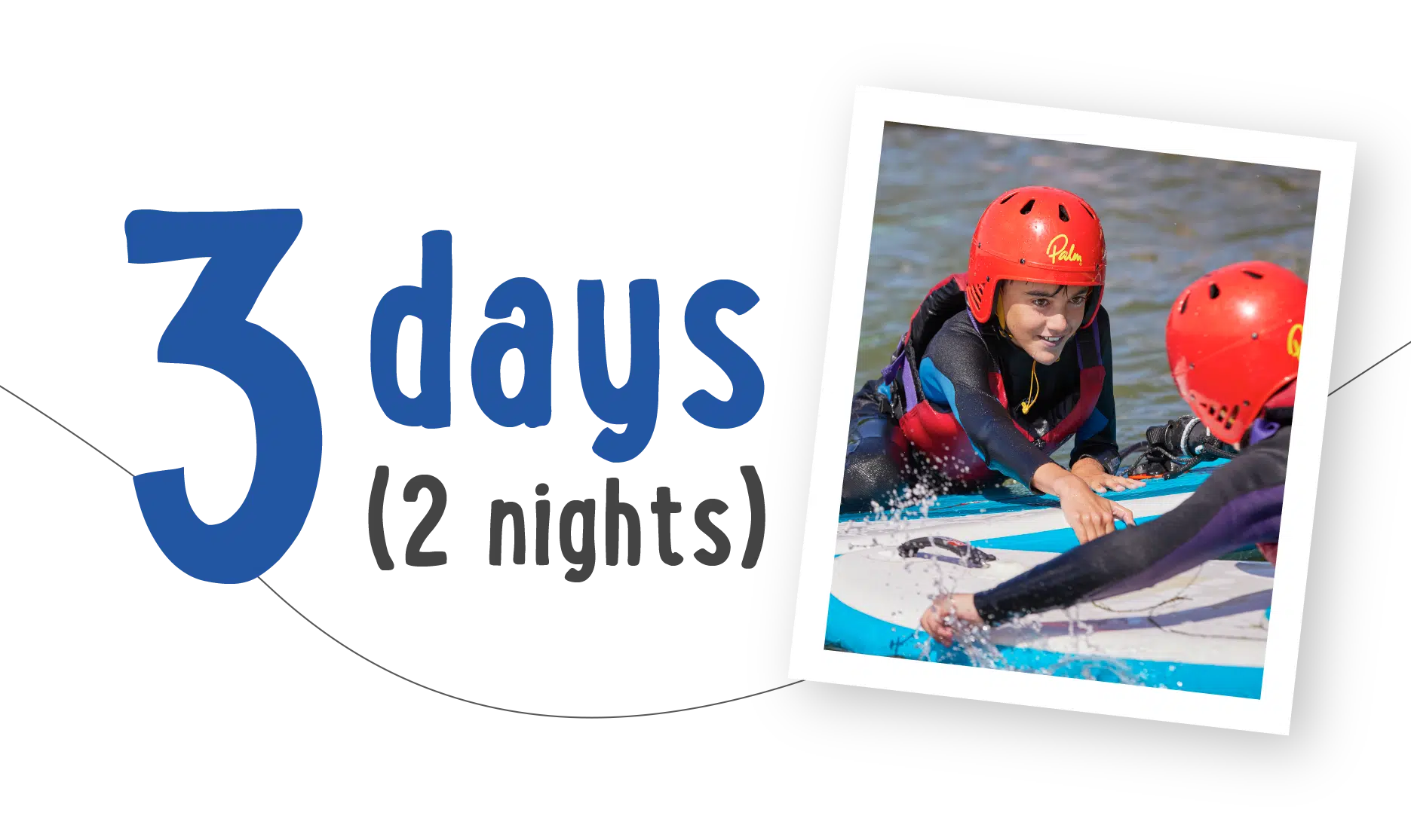 Two people wearing red helmets smile joyfully while playing on a paddleboard in the water, capturing the spirit of PGL Adventure Holidays. The text reads "3 days (2 nights).