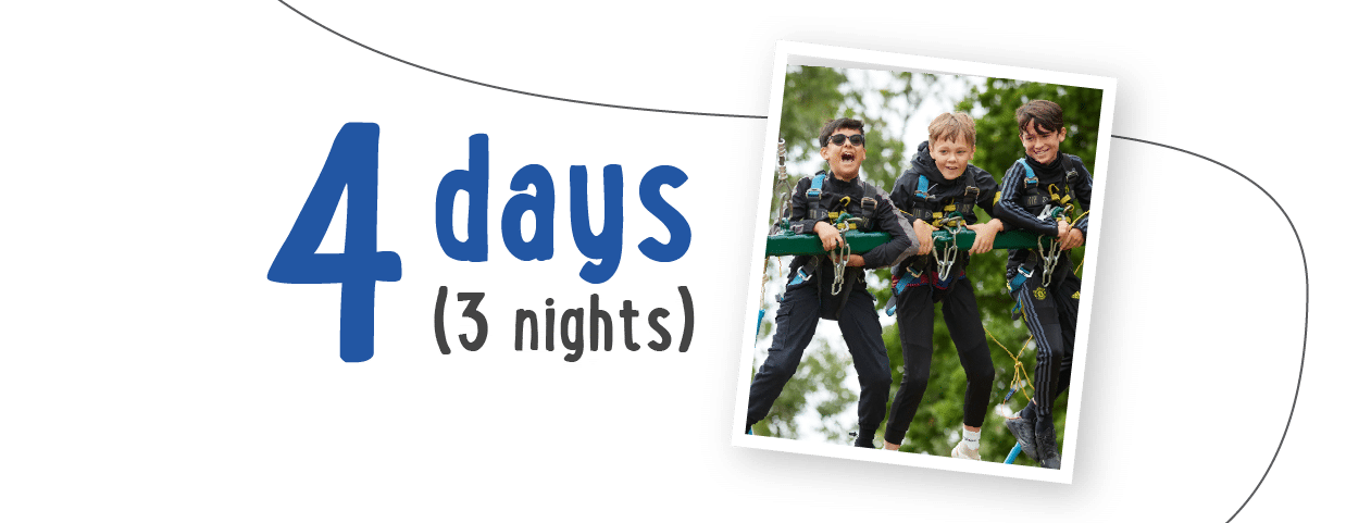 Three people smiling brightly in adventure gear stand on a zipline platform. Text reads "4 days (3 nights)" with PGL Adventure Holidays promising non-stop thrills and excitement.