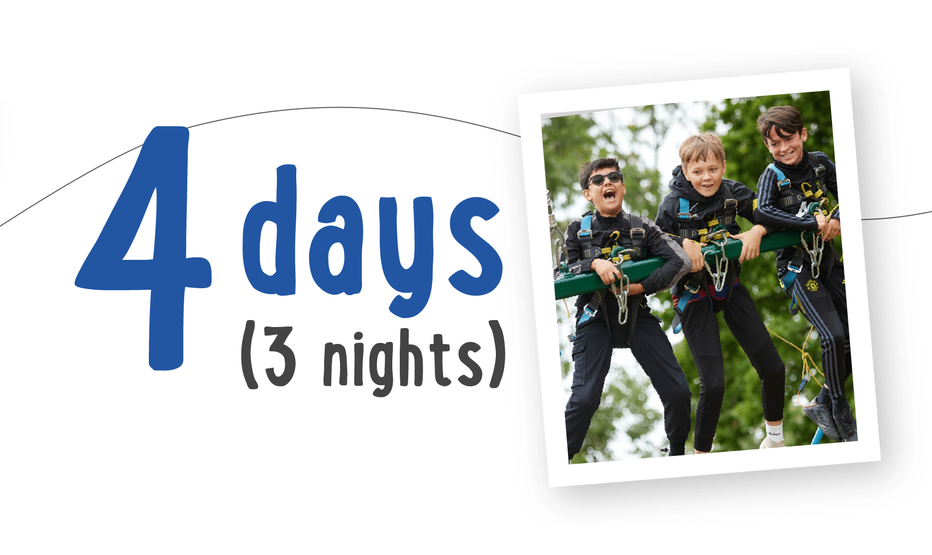 Three kids in harnesses smile while balancing on a suspended log outdoors, enjoying the thrill of their PGL Adventure Holidays.