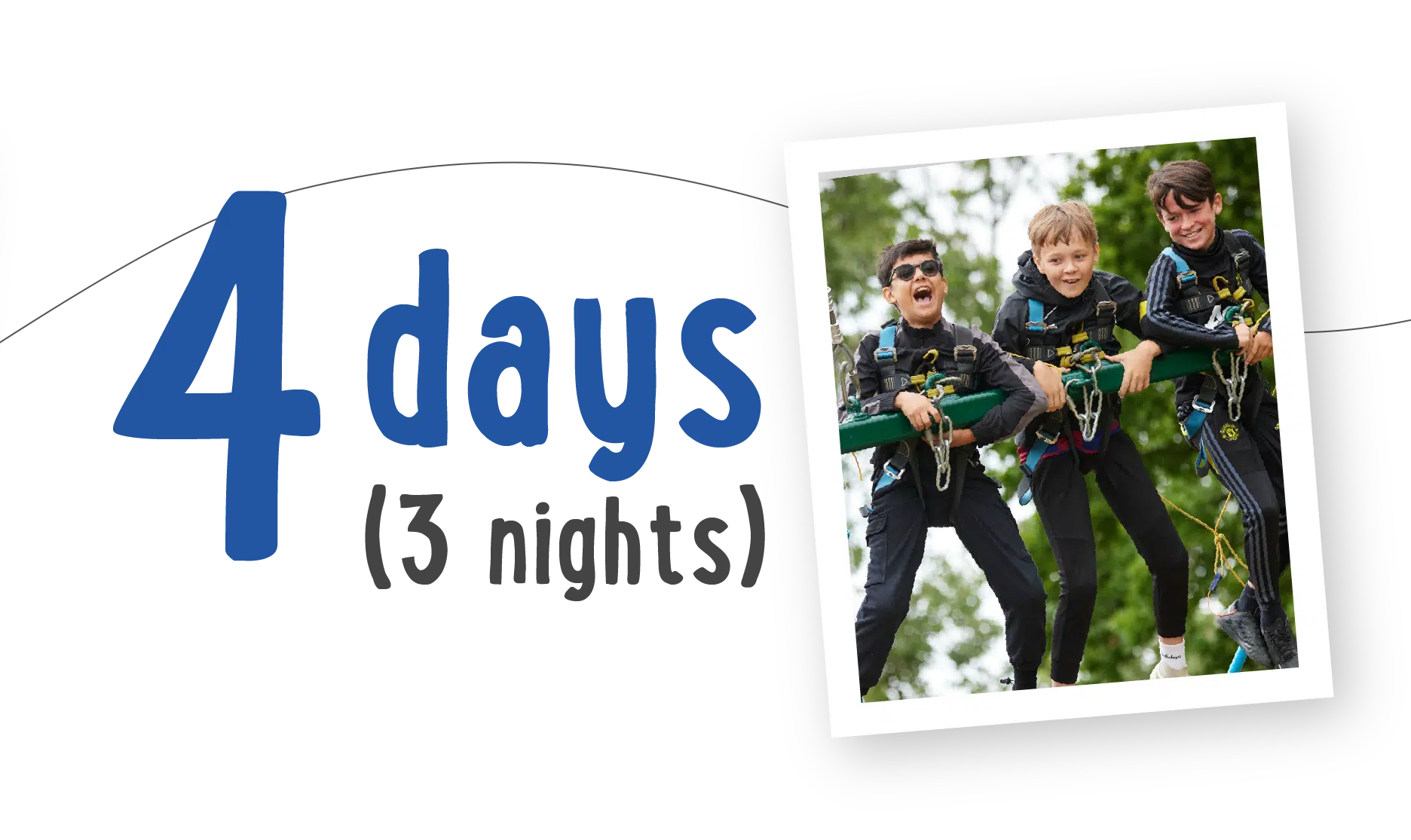 Three kids in harnesses smile while balancing on a suspended log outdoors, enjoying the thrill of their PGL Adventure Holidays.