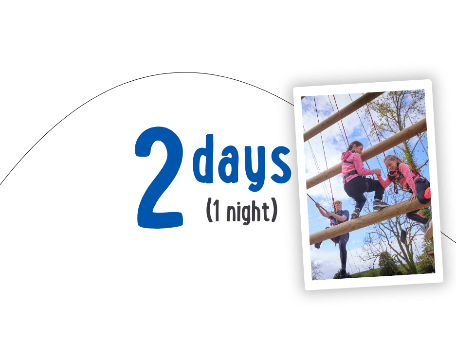 Three adventurers in harnesses tackle a high ropes course, embodying the essence of PGL Adventure Holidays. The text reads "2 days (1 night).