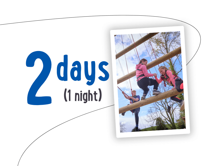 Climbers in gear tackle a high ropes course, embodying the spirit of PGL Adventure Holidays. Text on the left reads "2 days (1 night).
