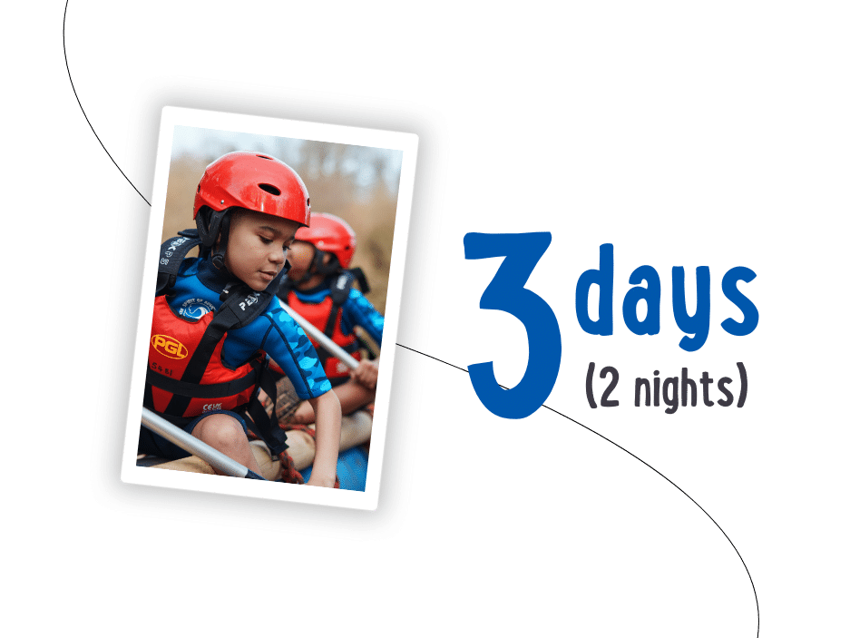 A child in a red helmet and life jacket paddles eagerly in a canoe. Bold text reads, "3 days (2 nights) of thrilling PGL Adventure Holidays.