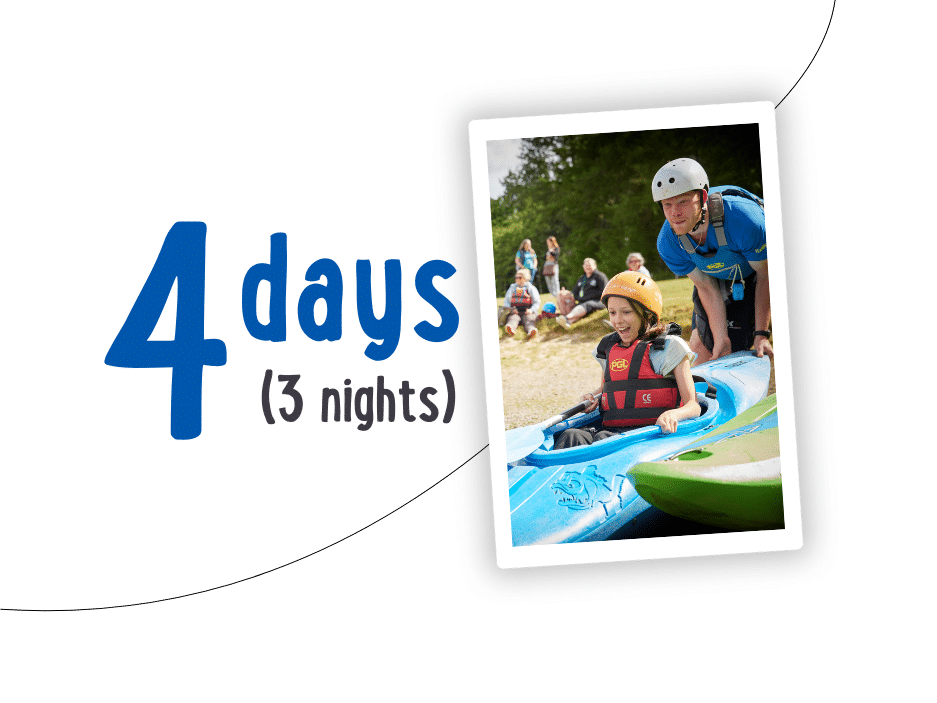 Child in a kayak with an adult assisting, surrounded by people outdoors enjoying the thrill of PGL Adventure Holidays. Text reads "4 days (3 nights).