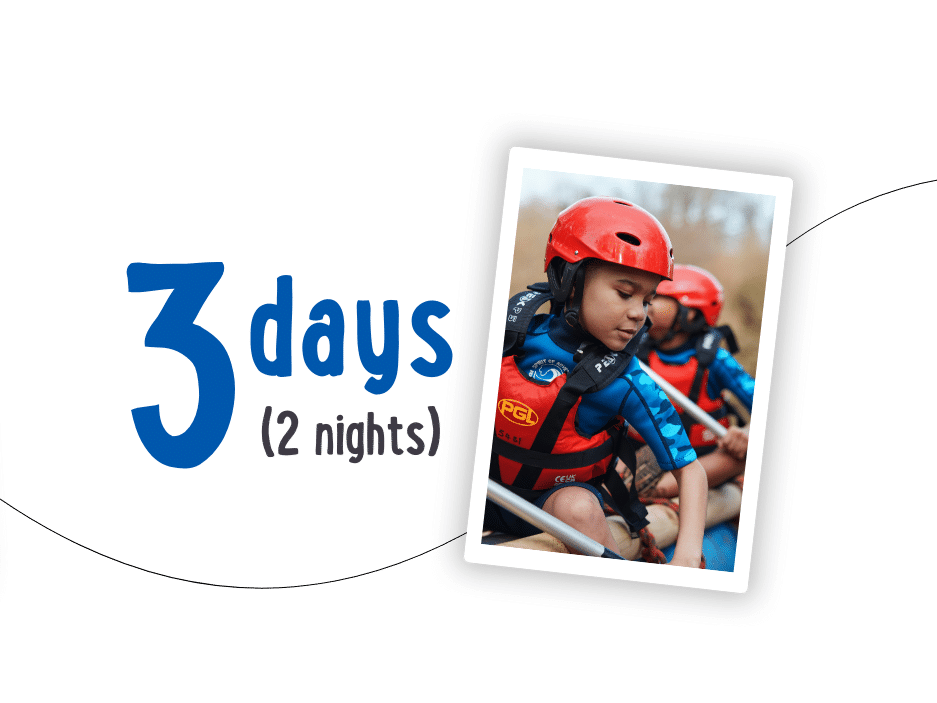 A child wearing a red helmet and life jacket eagerly prepares for an outdoor adventure with PGL Adventure Holidays. Text reads: "3 days (2 nights)".