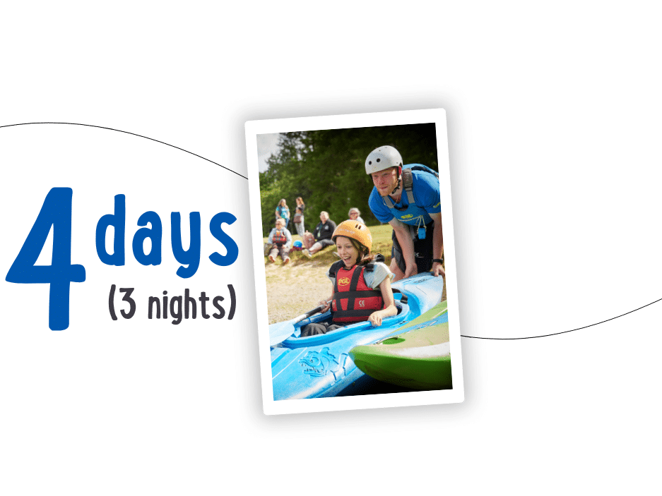 Two people in helmets and life vests sit in a kayak on land, ready for PGL Adventure Holidays. In the background, a group of people are seated, eagerly anticipating their 4 days (3 nights) of thrilling escapades.